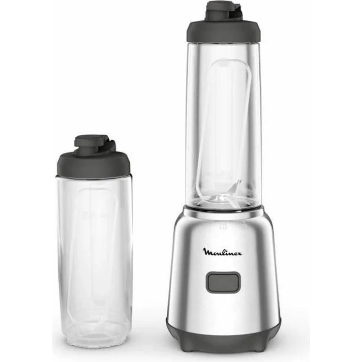 Moulinex LM15FD10 Smoothiemaker, 300 W, One-Taste, 0,6 Liter, 2 To-Go-Flaschen, abnehmbare Klingen, silber, schwarz
