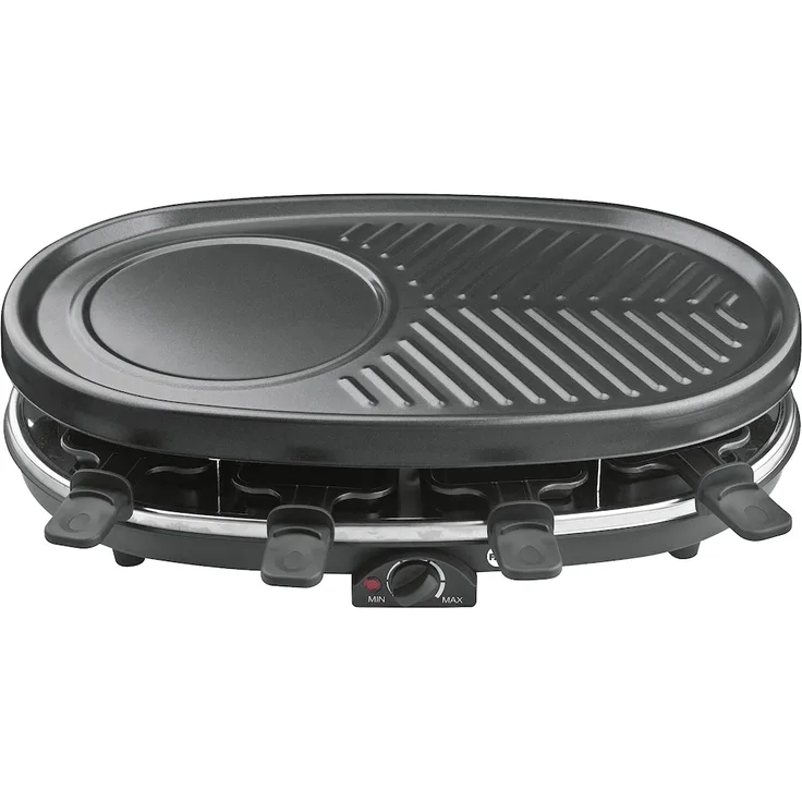 FDI DI-RG150001 Raclette-Grill, 1500 Watt, für bis zu 8 Personen, inkl. 8 Raclettepfannen, Thermostat, antihaftbeschichtet, schwarz, silber