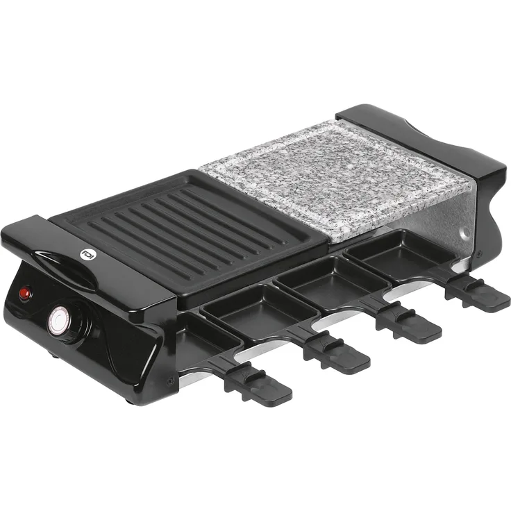 FDI DI-RGS120003 Raclette-Grill und heißer Stein 2in1, 1200 Watt, inkl. 8 Raclette-Pfännchen, Thermostat, antihaftbeschichtet, schwarz, silber