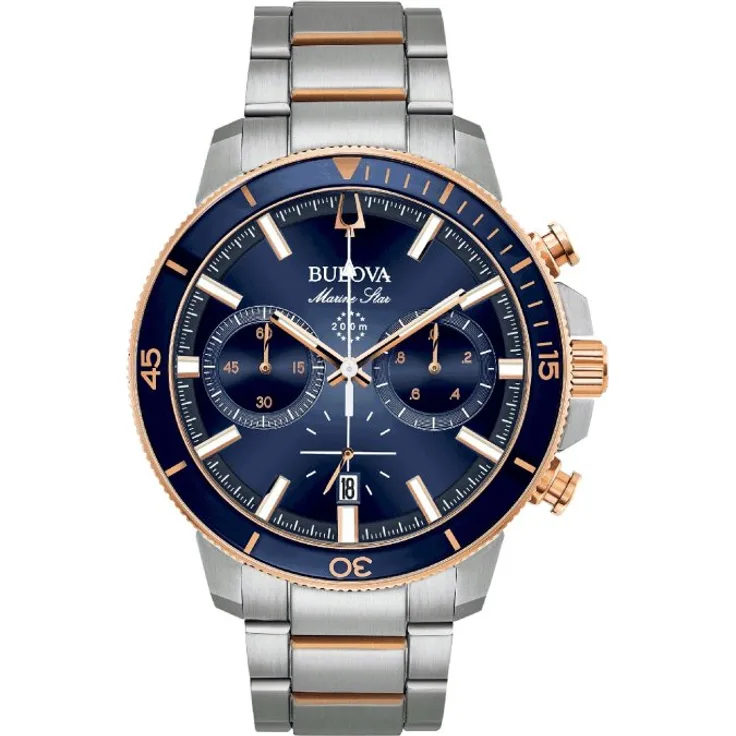 Bulova Armbanduhr Herren Chronograph Marine Star Chronograph 98B301, Quarzuhr, 45 mm, silber