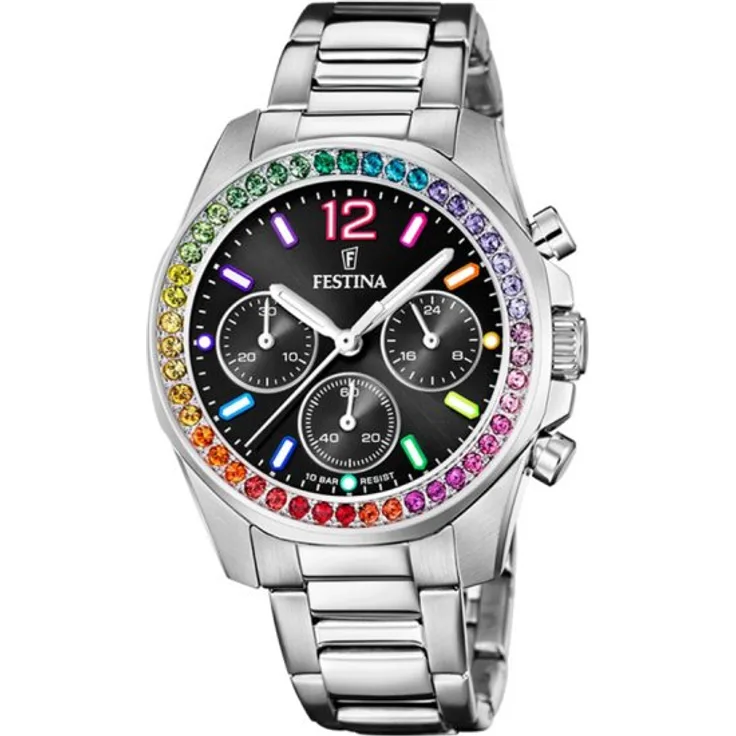 Festina Damen Uhr F20606/3 Boyfriend, Rainbow, schwarz, Edelstahl
