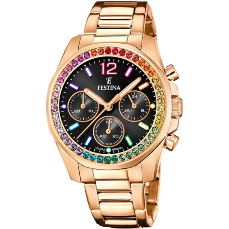 Festina Damen Uhr F20639/3 Boyfriend Rainbow, schwarz, rosé vergoldet – Bild 1