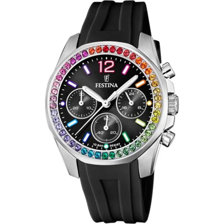 Festina Armbanduhr Damen Quarz Boyfriend F20610 3, Chronograph, 38,1 mm, schwarz