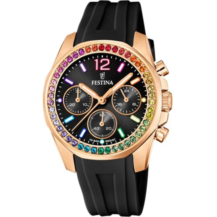 Festina Armbanduhr Damen Quarz Boyfriend F20611 3, Chronograph, 38,1 mm, schwarz
