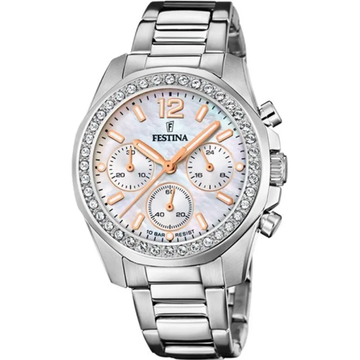 Festina Armbanduhr Damen Quarz Boyfriend F20606 1, Chronograph, 38,1 mm, silber