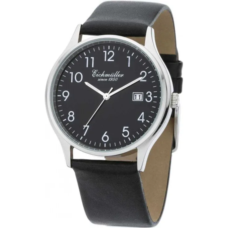 Eichmüller Herrenuhr 3051 04 Edelstahl silberfarben schwarz Lederband 38 mm