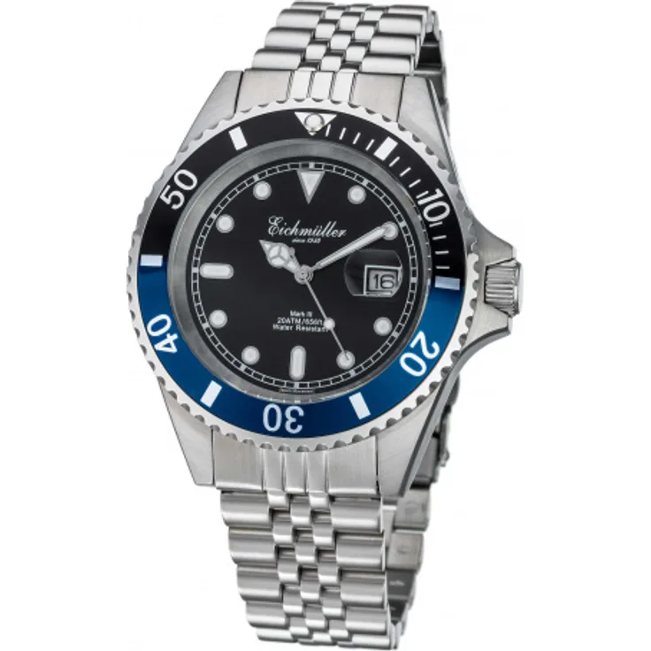 Eichmüller Taucheruhr 3464 03 Edelstahl schwarz blau 20 ATM Edelstahlband 43 mm