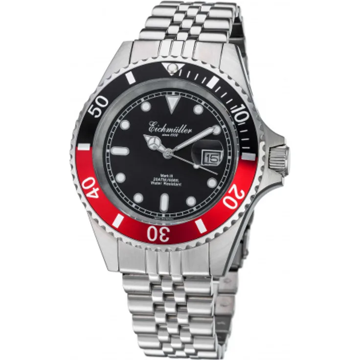 Eichmüller Taucheruhr 3464 02 Edelstahl schwarz rot 20 ATM Edelstahlband 43 mm