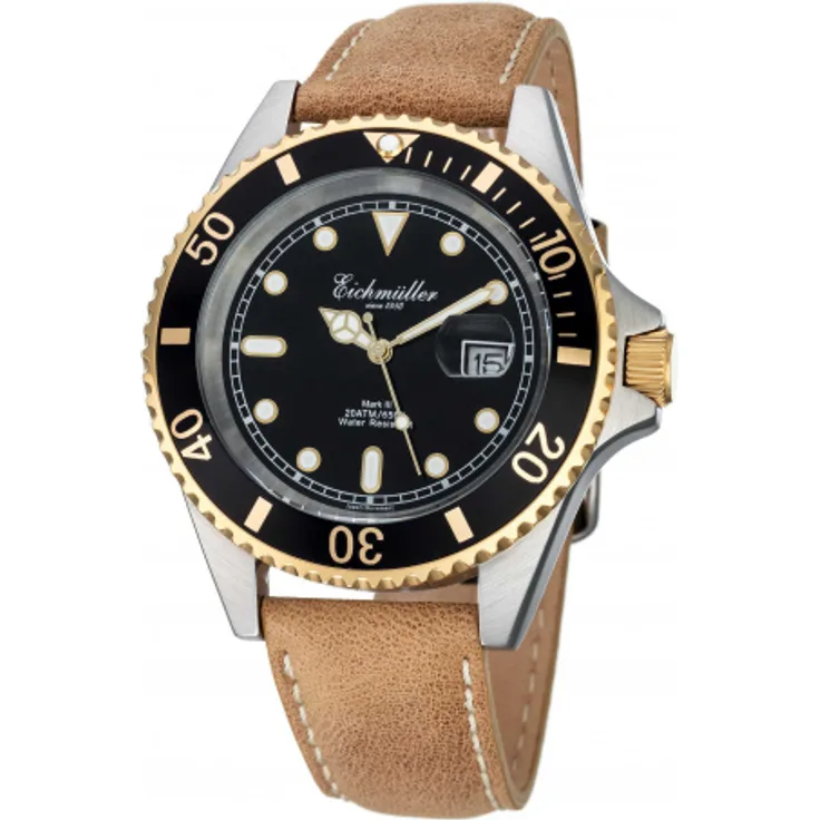 Eichmüller Taucheruhr 3462 04 Lederband 20 ATM hellbraun schwarz 43 mm