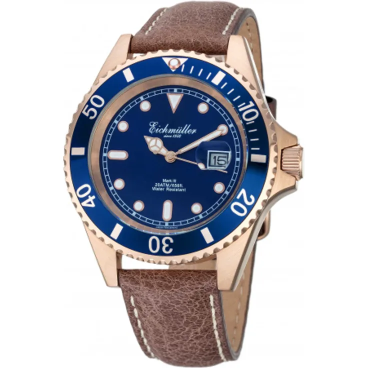 Eichmüller Taucheruhr 3462 03 Lederband 20 ATM rose hellbraun blau 43 mm