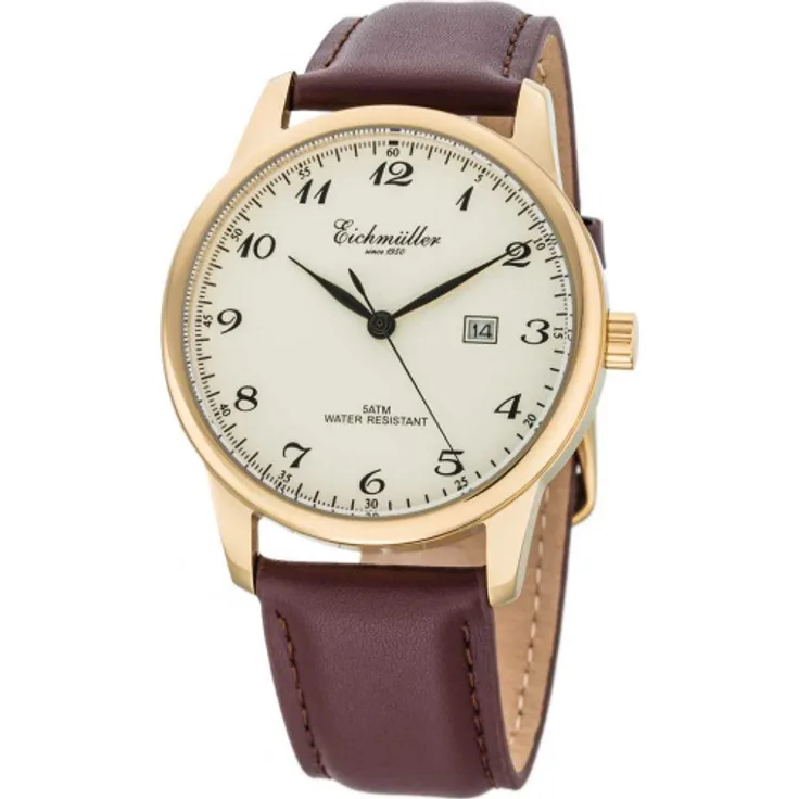 Eichmüller Herrenuhr RE1062 Edelstahl goldfarben weiß braun Lederband 42 mm