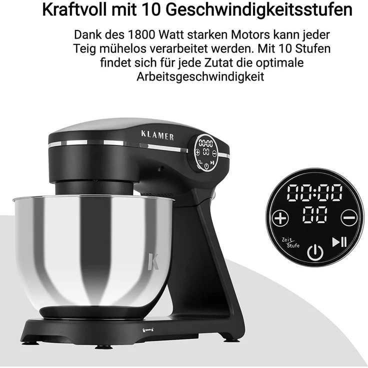 KLAMER Küchenmaschine mit Planetenrührwerk, 1800 Watt, 6 Liter Schüssel aus Edelstahl, 10 Geschwindigkeiten, LED Display, Kunststoff, schwarz – Bild 4