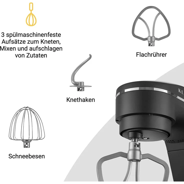 KLAMER Küchenmaschine mit Planetenrührwerk, 1800 Watt, 6 Liter Schüssel aus Edelstahl, 10 Geschwindigkeiten, LED Display, Kunststoff, schwarz – Bild 3