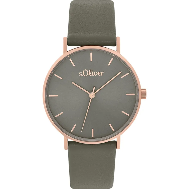 s.Oliver Damen Armbanduhr 2033488 Edelstahl IP Lederband, roségold, grau