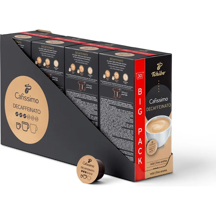 Tchibo Cafissimo Caffè Crema entkoffeiniert Kaffeekapseln, 120 Stück – 4x30 Kapseln (Kaffee, mild mit feinem Aroma), nachhaltig & fair gehandelt