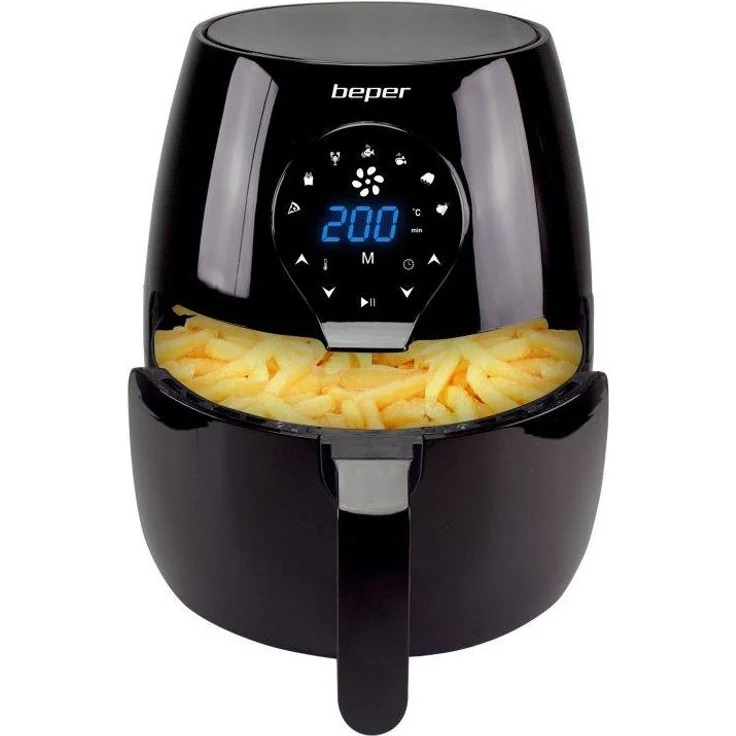 Beper P101FRI050 Heißluftfritteuse, 1450 Watt, 5 Liter, Thermostat bis 200 °C, Timer, Display, Kunststoff, schwarz
