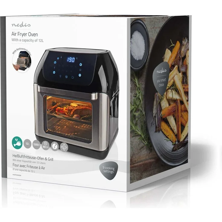 Nedis KAAFO300EBK Heißluftfritteuse, ohne Fett, 1500 Watt, 12 Liter, Timer 60 min, Display, Touch, Kunststoff, Edelstahl, schwarz – Bild 6