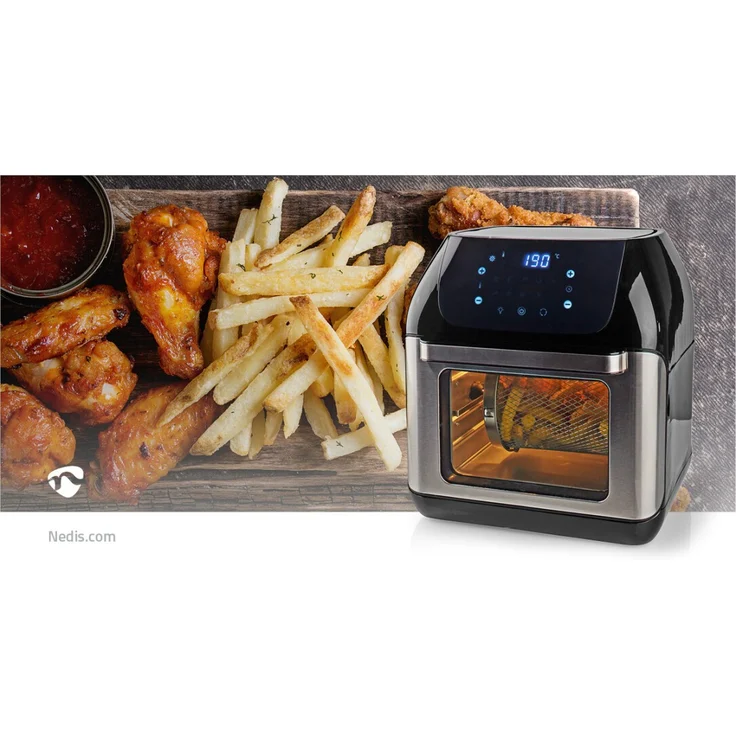 Nedis KAAFO300EBK Heißluftfritteuse, ohne Fett, 1500 Watt, 12 Liter, Timer 60 min, Display, Touch, Kunststoff, Edelstahl, schwarz – Bild 3