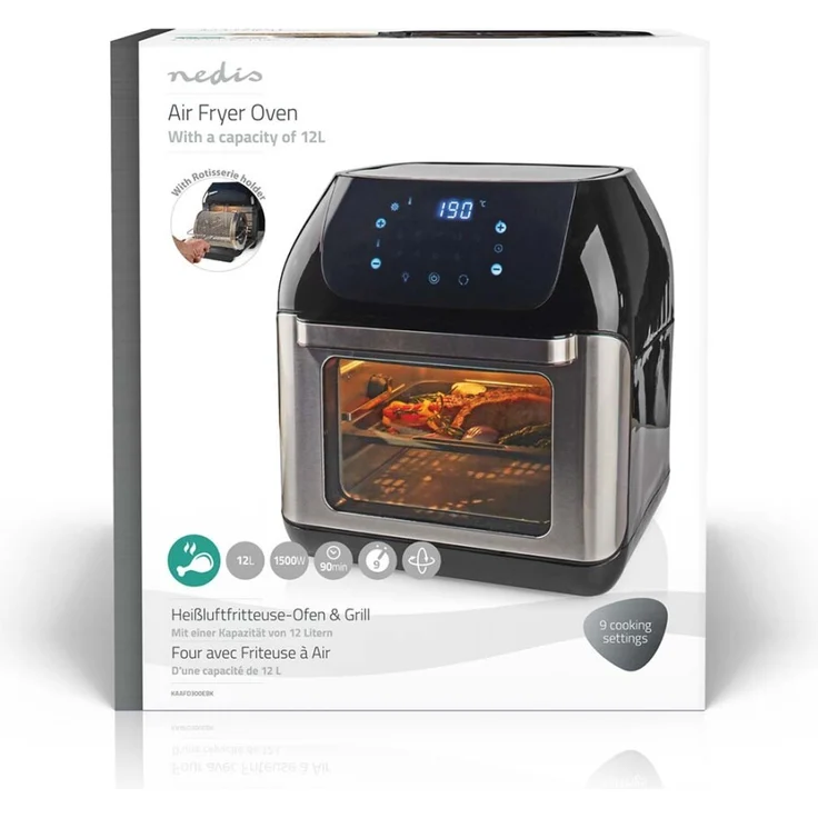 Nedis KAAFO300EBK Heißluftfritteuse, ohne Fett, 1500 Watt, 12 Liter, Timer 60 min, Display, Touch, Kunststoff, Edelstahl, schwarz – Bild 7