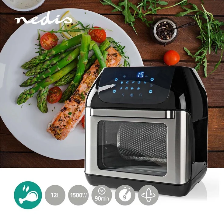 Nedis KAAFO300EBK Heißluftfritteuse, ohne Fett, 1500 Watt, 12 Liter, Timer 60 min, Display, Touch, Kunststoff, Edelstahl, schwarz – Bild 1