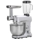 Topmatic PKM-1800.1BG Küchenmaschine mit Planetenrührwerk, 1800W, 5 Liter Edelstahlschüssel, inkl. Standmixer-Aufsatz (1,5 Liter), Fleischwolf, 3 Wurstaufsätze, 4 Nudelaufsätze, Spritzgebäckvorsatz, silber