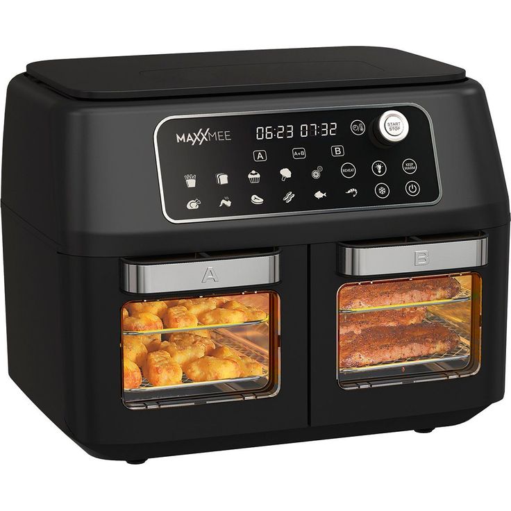 MAXXmee Heißluftfritteuse, ohne Fett, Doppelkammer, mit unabhängigen Garzonen, 11l, 2400W, 11 voreingestellte Programme, Timer, LED-Display, mit Glastüren, schwarz – Bild 4