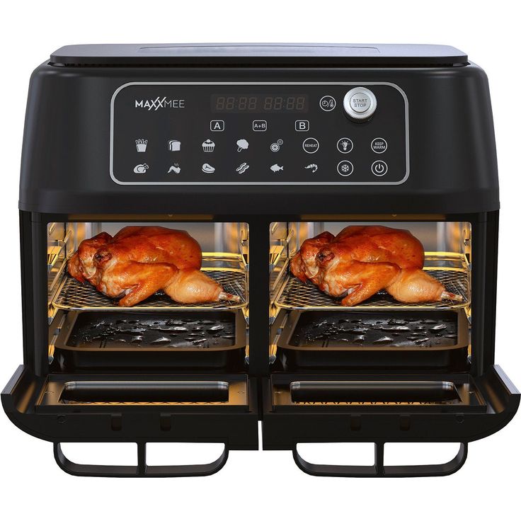 MAXXmee Heißluftfritteuse, ohne Fett, Doppelkammer, mit unabhängigen Garzonen, 11l, 2400W, 11 voreingestellte Programme, Timer, LED-Display, mit Glastüren, schwarz – Bild 2