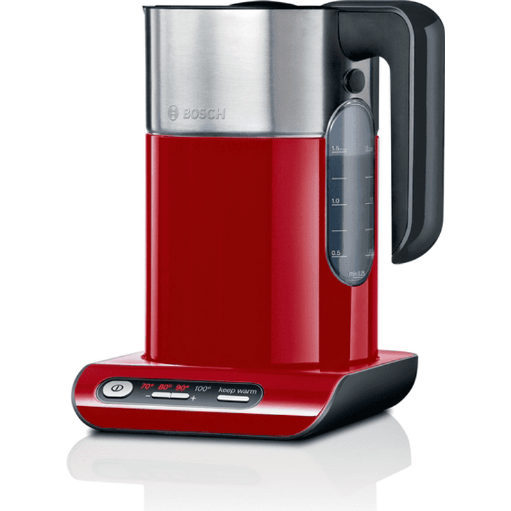 Bosch TWK8614P Styline Wasserkocher mit Filter, 2400 Watt, 1,5 l, Wasserstandsanzeige, Einhand-Deckelöffnung, Edelstahl, rot