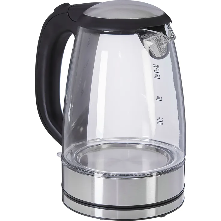 Gutfels 4010 Glas-Wasserkocher, 2200 Watt, 1,7 Liter, Wasserstandsanzeige, Abschaltautomatik, Kalkfilter, silber, schwarz