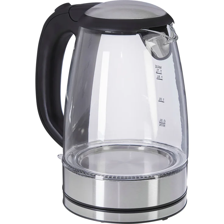 Gutfels 4010 Glas-Wasserkocher, 2200 Watt, 1,7 Liter, Wasserstandsanzeige, Abschaltautomatik, Kalkfilter, silber, schwarz