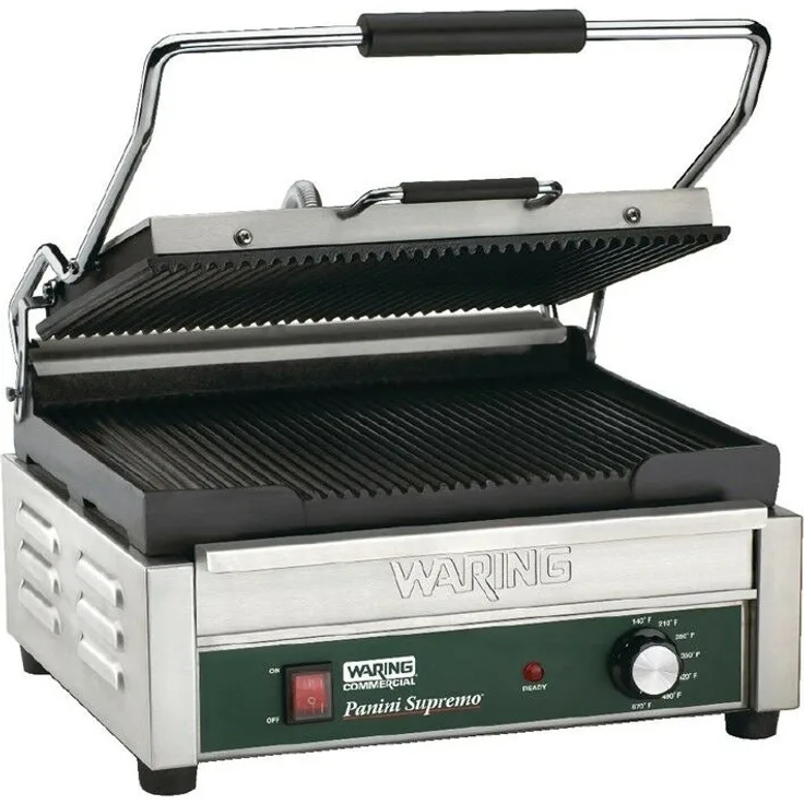 Waring WPG250K Doppel-Kontaktgrill, 2,4kW/230V, gerillt, bis 300°C, gusseiserne Platten, Drehregler, silber