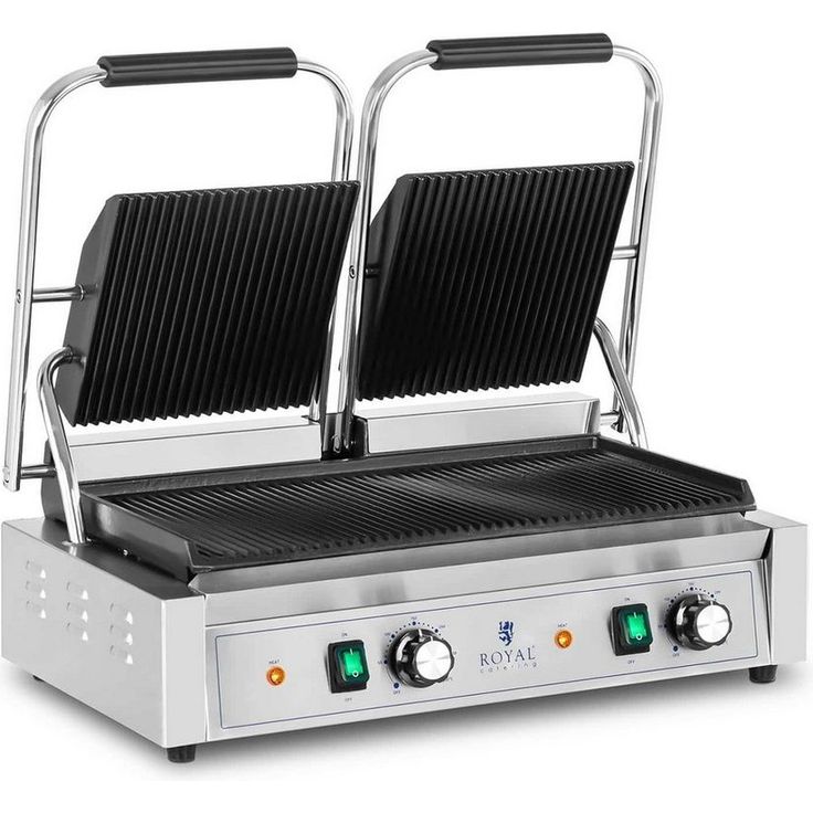 Royal Catering RCPKG-3600-R Doppel-Kontaktgrill, 3.600 W, geriffelt, 48 x 23 cm Grillfläche aus Gusseisen, silber