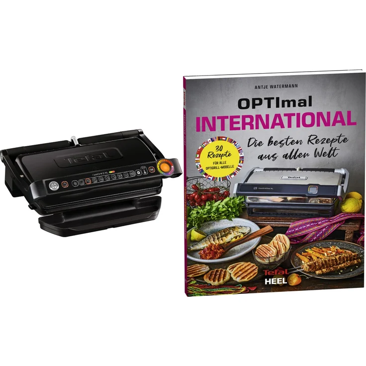 Tefal GC7228 OptiGrill+ XL Kontaktgrill, 2000 Watt, 9 automatische Grillprogramme, 40 x 20 cm Grillfläche, Antihaftbeschichtet, inkl. OptiMal International Rezeptbuch, schwarz – Bild 1