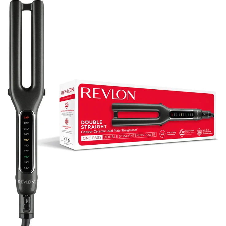 Revlon Double Straight RVST2204E Glätteisen, Kupfer-Keramik-Beschichtung, bis zu 235 °C, 75 Watt, Quick-Heating-System, Plattenverriegelung, schwarz – Bild 1