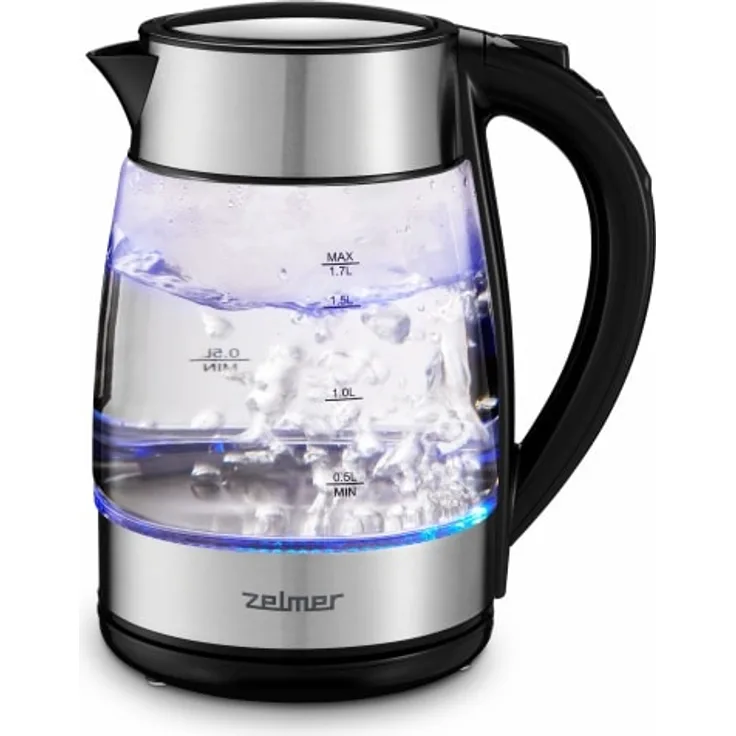 Zelmer ZCK8026 Glas-Wasserkocher, 2200 Watt, 1,7 Liter, Temperaturregelung, Abschaltautomatik, Wasserstandsanzeige, schwarz, silber