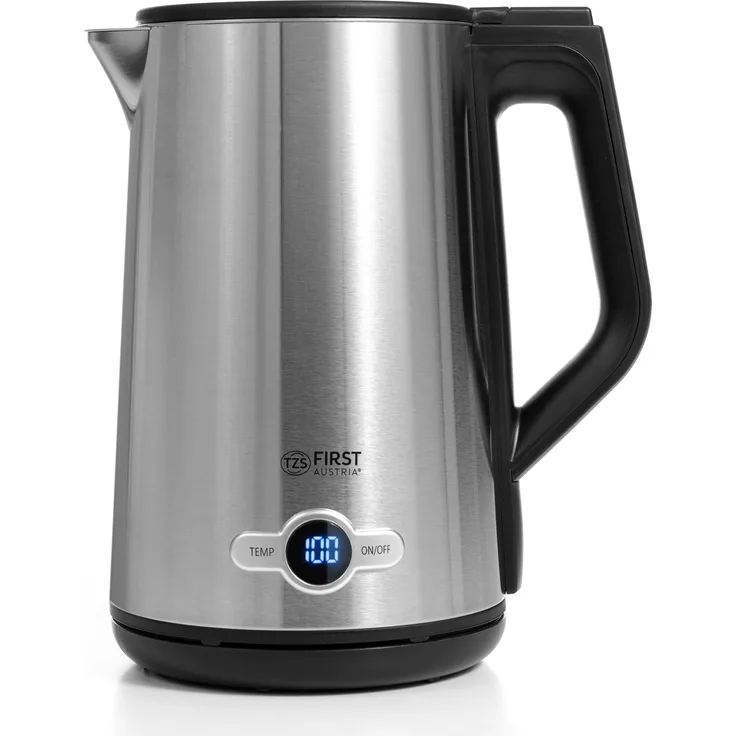 TZS First Austria FA-5407-5 Wasserkocher, 1.7 Liter, 2200 Watt, Abschaltautomatik, LED-Anzeige, doppelwandig, silber, schwarz