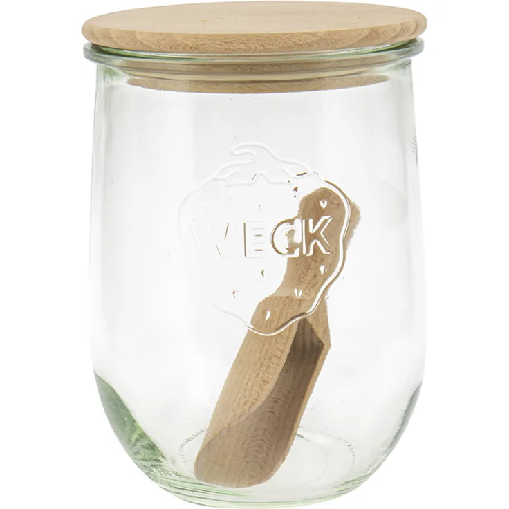 Einkochwelt Weck-Glas Tulpenform 1 l Nr.745 mit 100 mm Holzdeckeln (Buche) mit Silikondichtring