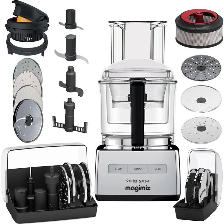 Magimix Premium 5200XL Foodprozessor, 1100 Watt, inkl. Zitruspresse, Saft-/Smoothiepresse XL und 3 Extrascheiben, Chrom Hochglanz