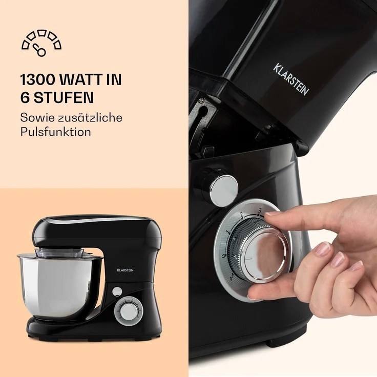 Klarstein Bella Pico 2G Küchenmaschine, 1300W, 1,7PS, 6 Geschwindigkeitsstufen, 5 Liter Edelstahlschüssel, schwarz – Bild 4