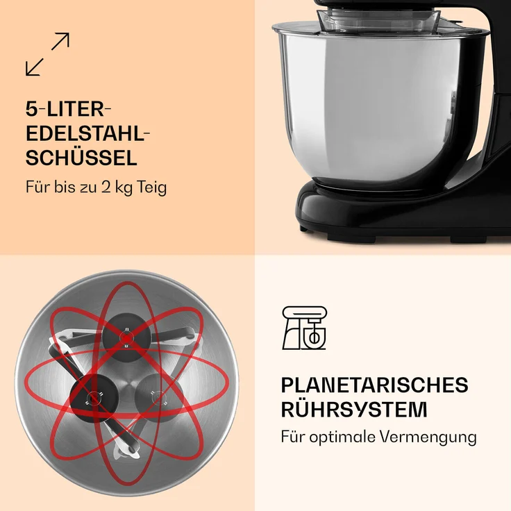 Klarstein Bella Pico 2G Küchenmaschine, 1300W, 1,7PS, 6 Geschwindigkeitsstufen, 5 Liter Edelstahlschüssel, schwarz – Bild 3