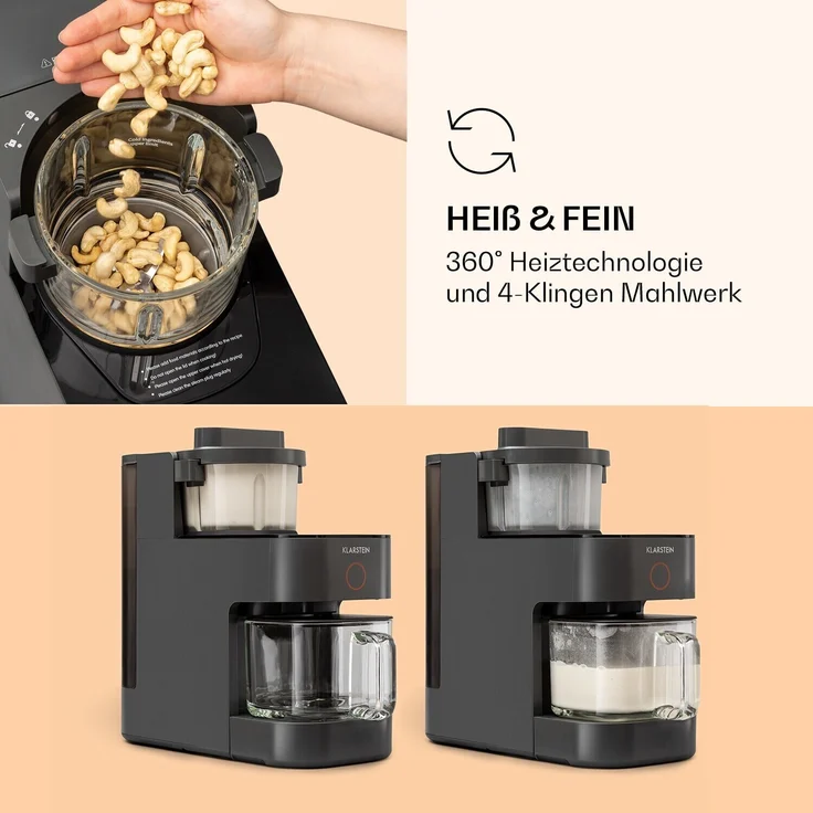 Klarstein Marcia Nussmilchbereiter, 1250W, 1200 ml, 360° Heiztechnologie, Touch, herausnehmbarer Wassertank, grau – Bild 6