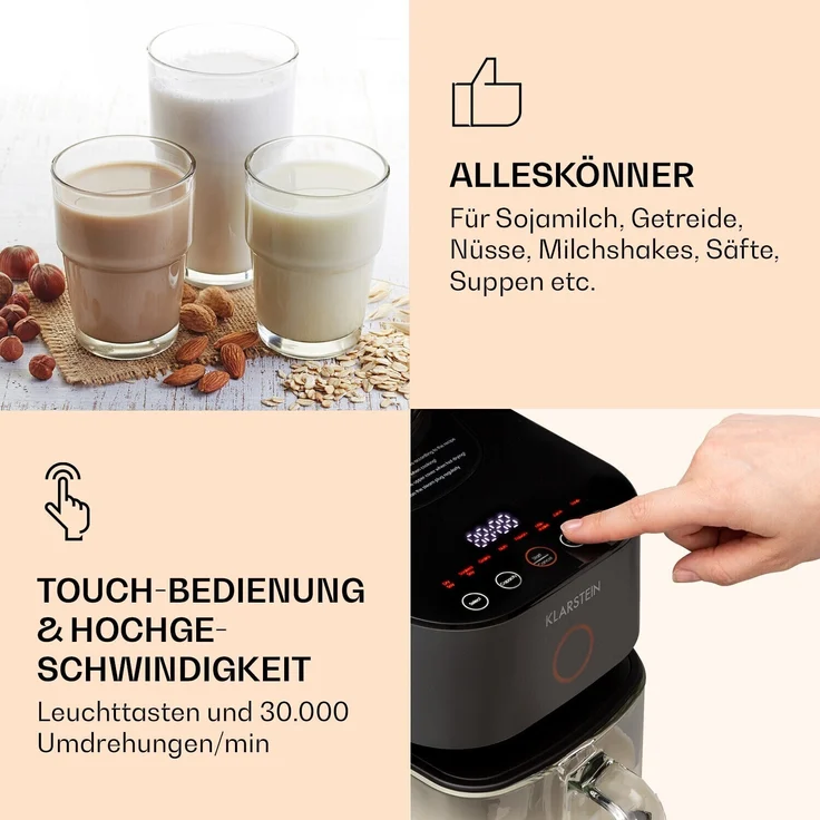 Klarstein Marcia Nussmilchbereiter, 1250W, 1200 ml, 360° Heiztechnologie, Touch, herausnehmbarer Wassertank, grau – Bild 3