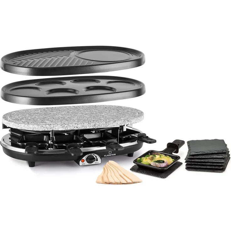 Klarstein All-U-Can-Grill Raclette-Grill mit Zubehör 4-in-1, 1500 Watt, für 8 Personen, vorgeprägte Rundformen für Pancakes, Crêpes oder Eierkuchen, schwarz