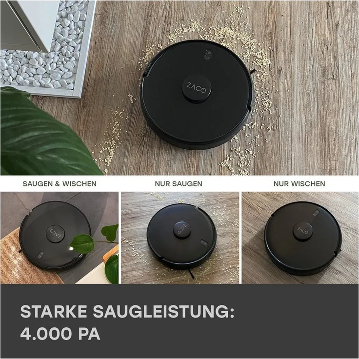 Zaco A11s Pro Saugroboter mit Ultraschall-Wischfunktion, 150 min Akkubetrieb, 4000 Pa Saugleistung, Lasernavigation, schwarz – Bild 3