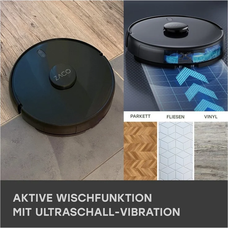 Zaco A11s Pro Saugroboter mit Ultraschall-Wischfunktion, 150 min Akkubetrieb, 4000 Pa Saugleistung, Lasernavigation, schwarz – Bild 4