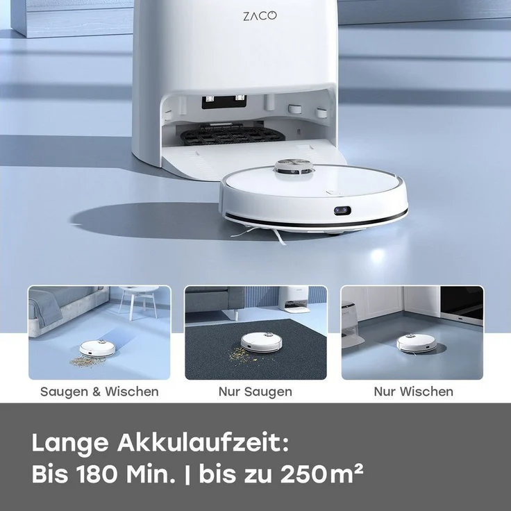 Zaco M1S Saugroboter mit Wischfunktion und Absaugstation, 180 min Akkubetrieb, 3200 Pa Saugleistung, weiß – Bild 3