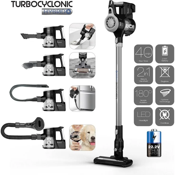 TurboTronic by Z-Line Akku-Hand-und Stielstaubsauger beutellos, ultra-Leichtgewicht, 120 W, beutellos, kabelloser 2 in 1 Boden- /Handstaubsauger, 22.2V LI-ION, extrem starke Saugkraft > 8 kPa, inkl. umfangreichem Zubehör – Bild 3