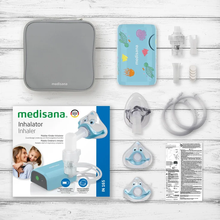 medisana IN 165 Inhalator, Kompressor Vernebler mit Mundstück und Maske für Erwachsene und Kinder, bei Erkältungen oder Asthma mit wiederaufladbarem Akku per Micro-USB – Bild 7