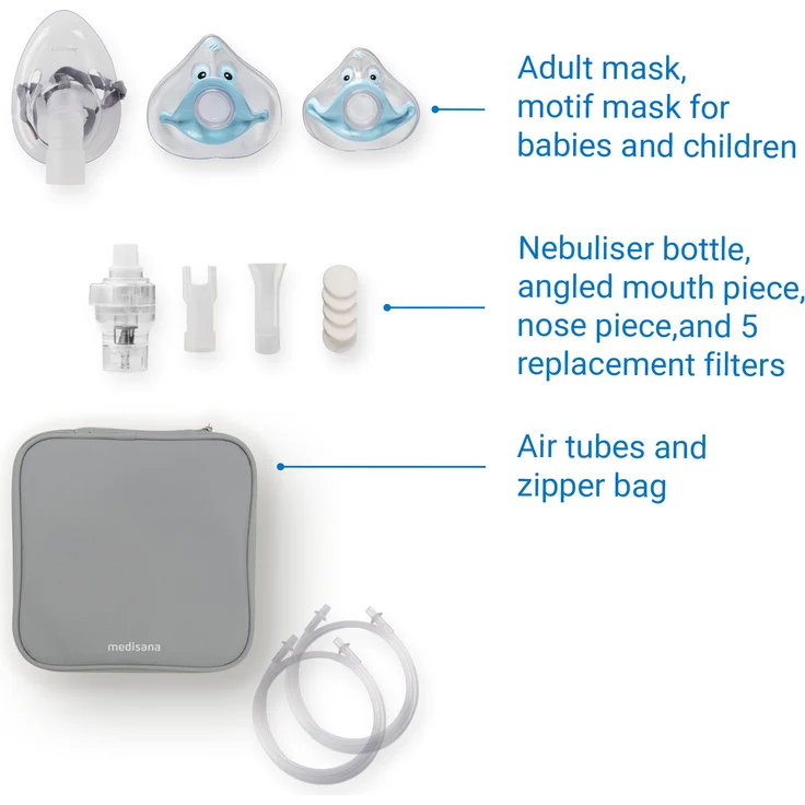 medisana IN 165 Inhalator, Kompressor Vernebler mit Mundstück und Maske für Erwachsene und Kinder, bei Erkältungen oder Asthma mit wiederaufladbarem Akku per Micro-USB – Bild 6