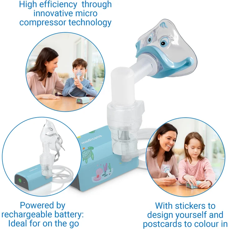 medisana IN 165 Inhalator, Kompressor Vernebler mit Mundstück und Maske für Erwachsene und Kinder, bei Erkältungen oder Asthma mit wiederaufladbarem Akku per Micro-USB – Bild 5